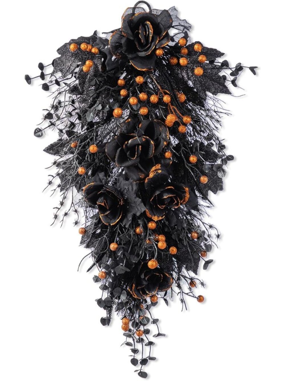 Spooky Black Teardrop Swag Decor - 28" Fall Twig Wreath with Roses & Berries